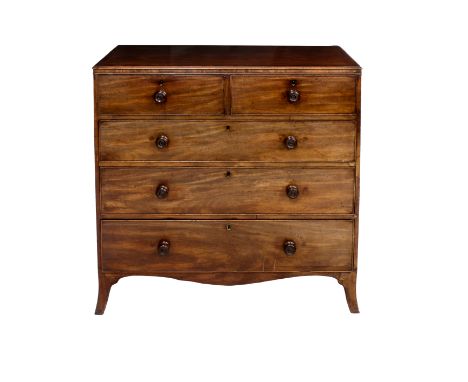 A George III mahogany chest of drawers, the rectangular moulded top with boxwood and ebony inlay, over two short and three lo