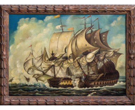 O. Fattori (18th/19th century), A naval engagement oil on canvas, signed lower right, in a 19th century carved giltwood folia