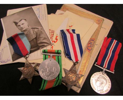 WW2 F&G Group of 4 medals with soldiers service & pay book release book call up papers portrait photo personal documents etc 
