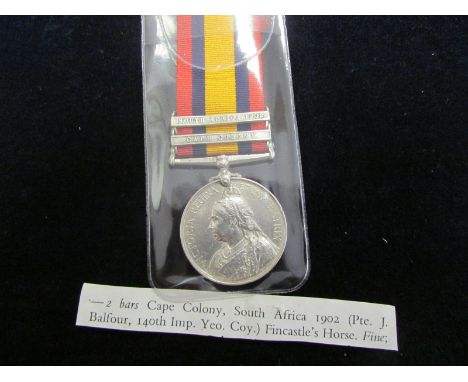 QSA with bars CC/SA01 named 44624 Pte J Balfour 140th Imp Yeo Coy (Fincastles Horse). With copy medal roll. VF with light con