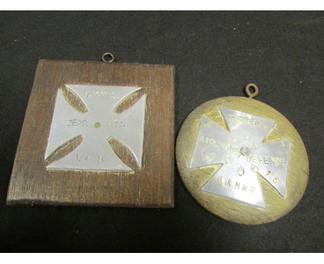 WW1 Zeppelin trench art with a section of the Zepp l15 shot down on 1-4-16 over the Thames made in to a cross fixed to a wood