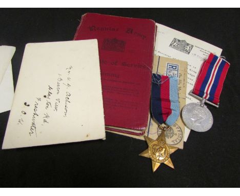 WW2 1939-45 Star And War Medals discharge badge with award certificate regular army certificate of service book service docum