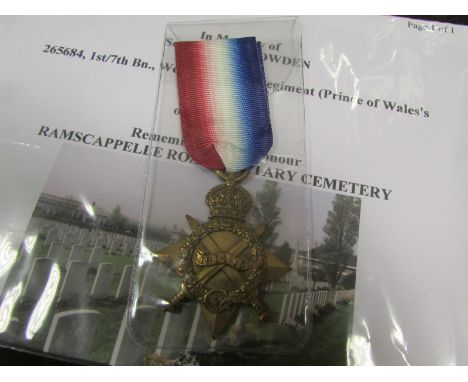 1915 Star Casualty Medal To 265684 Sgt J E Snowdon 1/7 th Bn West Yorkshire Reg K in A 206-1917 Commemorated Ramscappelle Roa