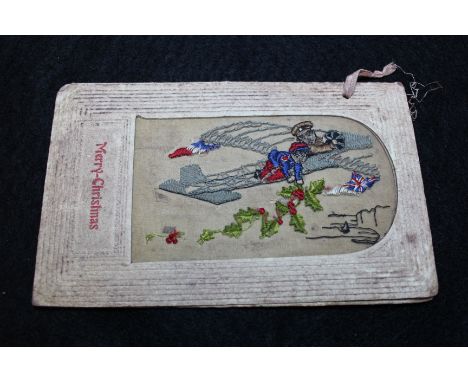 Unusual WW1 silk Christmas Card sent from Arras 1917, with aeroplane piloted by British Soldier, plus a French Soldier ? drop