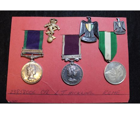 Group to 23858006 L/Cpl L J Hickling REME. Medals - CSM QE2 with South Arabia clasp, and QE2 Regular Army LSGC Medal, plus un