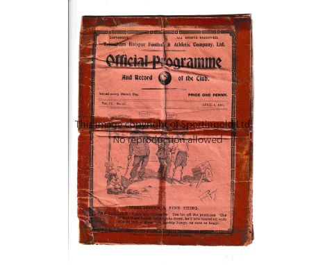 TOTTENHAM HOTSPUR       Home programme v Sheffield United 6/4/1912. Eight page programmes will very small paper loss to page 