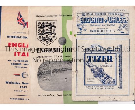 ENGLAND     Seven programmes: homes v. Wales 1946 at Man. City FC punched holes, horizontal crease and scores entered, Northe