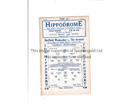 ARSENAL     Away programme v. Sheffield Wednesday 25/8/1928, ex-binder.    Generally good