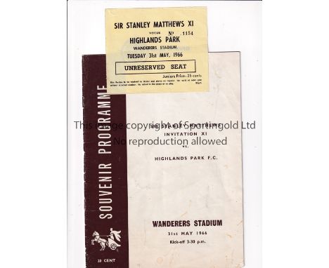 STANLEY MATTHEWS IN SOUTH AFRICA 1966     Programme and ticket for Sir Stanley Matthews Invitation XI v Highlands Park at the