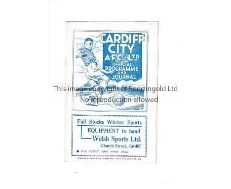 CARDIFF     Home programme v Queen's Park Rangers 10/10/1936. Light vertical fold. Lacks staples. Attendance inserted.    Fai