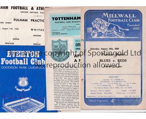 PUBLIC TRIAL PROGRAMMES     Four programmes: Millwall 16/8/1958 punched holes, Tottenham Hotspur 14/8/1964 trimmed at the bot