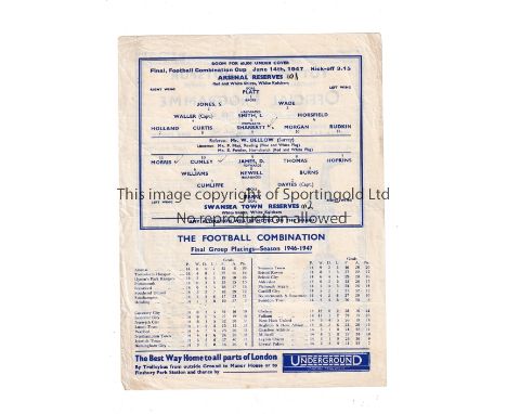 ARSENAL V SWANSEA TOWN AT TOTTENHAM 1947    Single sheet programme for the Combination Cup Final at White Hart Lane 14/6/1947