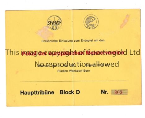 1961 EUROPEAN CUP FINAL    Barcelona v Benfica played 31/5/1961 in Berne. Very scarce original  ''Personal Invitation'' ticke