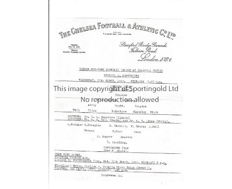 CHELSEA / PORTSMOUTH     Single typed sheet home programme v Portsmouth London Midweek League at Stamford Bridge 27/3/1957 . 