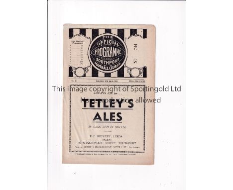 SOUTHPORT   Home programme v Doncaster Rovers, 29/4/39. Light crease.   Generally good