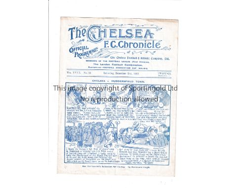 CHELSEA      Home programme v Huddersfield 2/12/1922. Not ex Bound Volume. Two pin holes. Light vertical fold. No writing.   