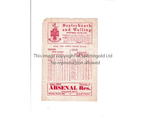 ARSENAL     Programme for the away Friendly v. Bexleyheath &amp; Welling 30/3/1959, creased and minor paper loss at the top. 