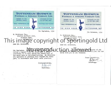 TOTTENHAM HOTSPUR      Two small typed Tottenham Hotspur headed letters dated 5/11/1954 and 7/9/56 to Everton FC, signed by S