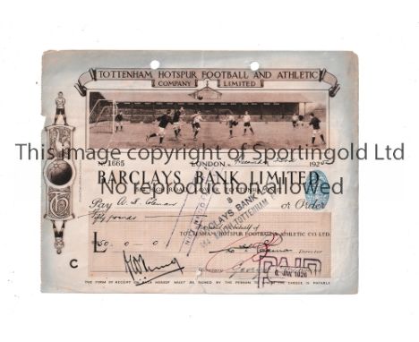TOTTENHAM HOTSPUR     An official large cheque 23/12/1925 with a scene from White Hart Lane at the top and the club crest on 