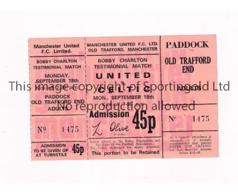 MANCHESTER UNITED V CELTIC 1972     Unused ticket for the Bobby Charlton Testimonial 18/9/1972, very slight vertical crease. 