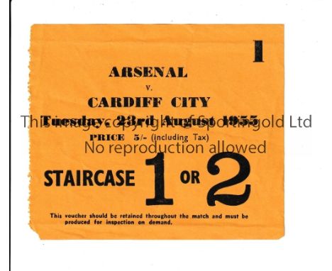 ARSENAL    Home ticket v Cardiff City 23/8/1955, tiny paper loss bottom left on entry.    Generally good