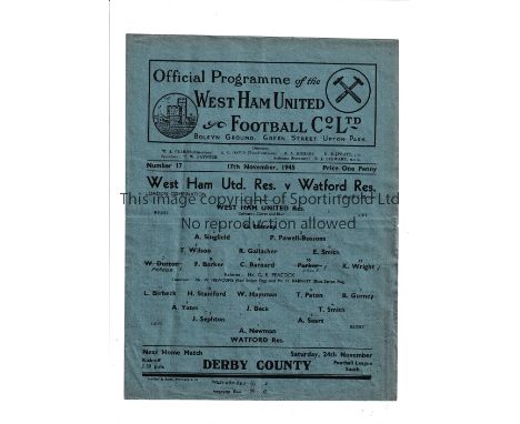 WEST HAM       Single sheet Reserves home programme v Watford Reserves 17/11/1945. Very light horizontal fold. Score/scorers/