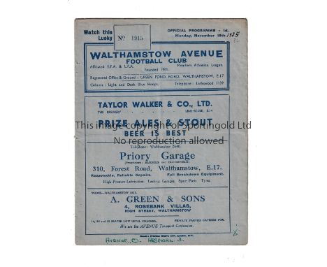 ARSENAL    Programme for the away London Challenge Cup Semi-Final v Walthamstow Avenue 16/11/1935, slight horizontal crease, 