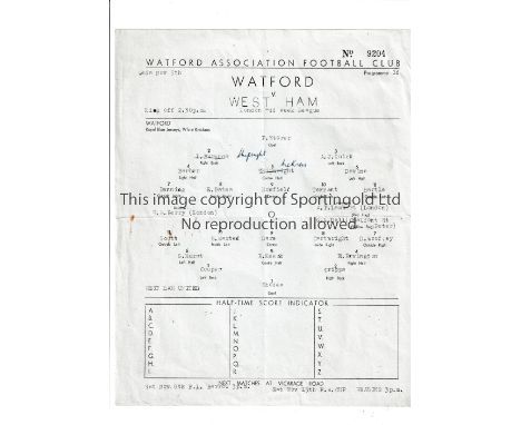 WATFORD / WEST HAM     Single typed sheet home programme v West Ham United London Midweek League at Vicarage Road 5/11/1958 .