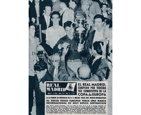 1958 EUROPEAN CUP FINAL    Real Madrid v AC Milan played 28/5/1958 at Heysel Stadium, Brussels. Official Real Madrid monthly 