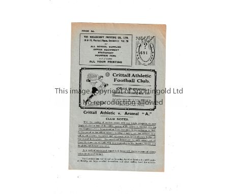 ARSENAL    Programme for the away East Anglian Cup tie v Crittall Athletic 30/8/1951.    Good