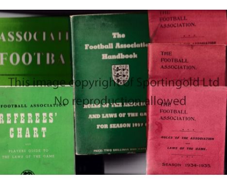 FA RULE BOOKS  Threee booklets, Rules of the game 34/5, 37/8 &amp; 38/9. FA Handbook for Season 57/8 &amp; Referees 'Guide to