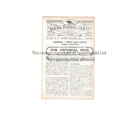 ARSENAL V WEST HAM UNITED 1928     Programme for the London Combination match at Arsenal 20/10/1928, ex-binder and lacking a 