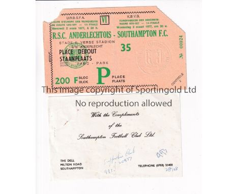 SOUTHAMPTON    Ticket for the away ECWC tie v. Anderlecht 2/3/1977 with a very small piece removed on entry from the top left