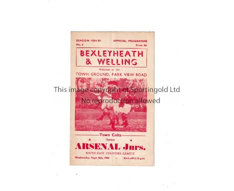 ARSENAL     Programme for the away South East Counties League match v. Bexleyheath &amp; Welling 8/9/1954, very slight vertic