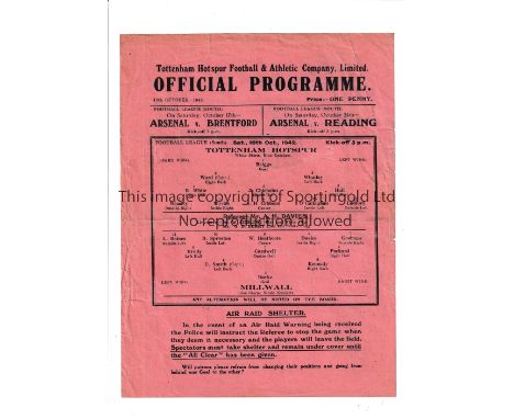 TOTTENHAM HOTSPUR       Single sheet home programme v Millwall 10/10/1942, very slightly creased.    Generally good