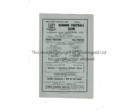 TOTTENHAM HOTSPUR    Programme for the away Friendly v Hendon 29/8/1953, very slight horizontal crease and scores entered.   