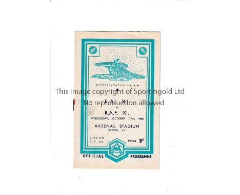 NEUTRAL AT ARSENAL    Programme for F.A. XI V R.A.F. XI  27/10/1948 , very slightly creased.    Generally good