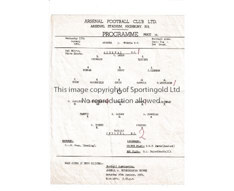 ARSENAL V CHELSEA 1962    Single sheet programme for the Youth Cup tie at Arsenal 17/1/1962, slightly creased and scores ente