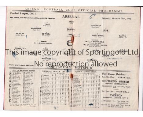 ARSENAL V TOTTENHAM HOTSPUR 1934       Programme for the League match at Arsenal 20/10/1934, folded, rusty staples and team c