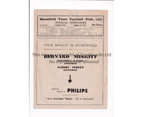 MANSFIELD TOWN   Home programme v Walsall, 8/9/37. Light fold    Generally good