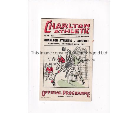 CHARLTON ATHLETIC V ARSENAL 1937      Programme for the League match at Charlton 20/11/1937, very slightly creased.     Gener