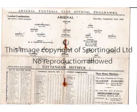 ARSENAL     Home programme for the London Combination match v Tottenham Hotspur 23/9/1933, slight horizontal crease and sligh