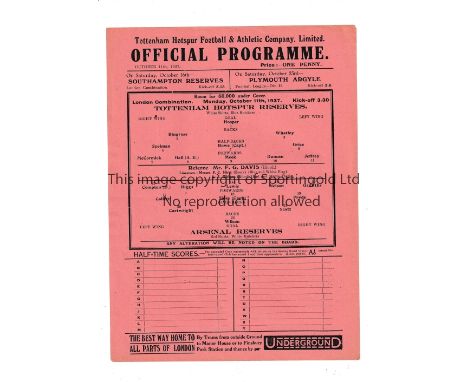 TOTTENHAM HOTSPUR V ARSENAL 1937    Single sheet programme for the London Combination match at Tottenham 11/10/1937.   Very g
