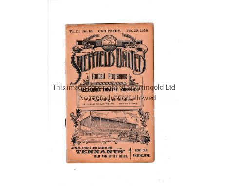 ARSENAL    Away programme v Sheffield United 29/2/1908, ex-binder professionally repaired and includes staples.     Generally