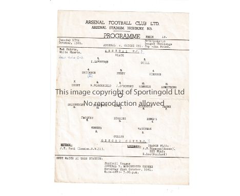 ARSENAL    Single sheet home programme for the Met. Lge. Cup tie v Oxford City 17/10/1961, very slight horizontal crease and 