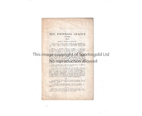 FOOTBALL LEAGUE     Scarce 6 page report of the Special General Meeting at Connaught rooms 29/3/1915 attended by League offic