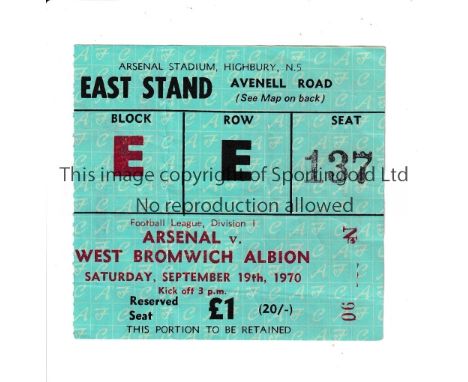 ARSENAL       Ticket for the home League match v. WBA 19/9/1970 in Arsenal's Double season.   Good