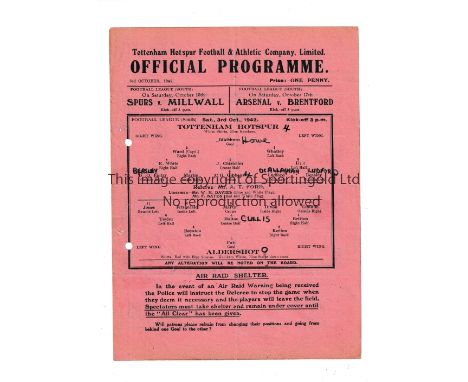 TOTTENHAM HOTSPUR       Single sheet home programme v Aldershot 3/10/1942, very slightly creased, 2 punched holes, team chang