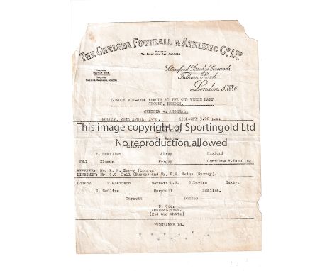 CHELSEA / ARSENAL     Single typed sheet home programme v Arsenal London Midweek League played at the Welsh Harp , Hendon 28/