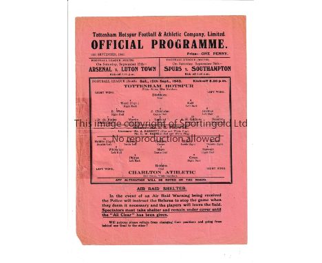 TOTTENHAM HOTSPUR       Single sheet home programme v Charlton Ah. 12/9/1942, small tape on the reverse and tiny paper loss f